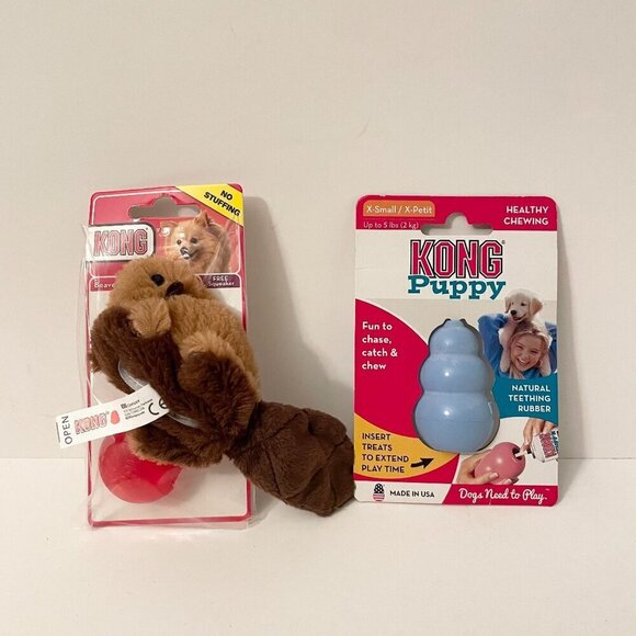 Kong Puppy XS Teething Rubber Chew Toy and Kong Beaver Removable Squeaker - Picture 1 of 9